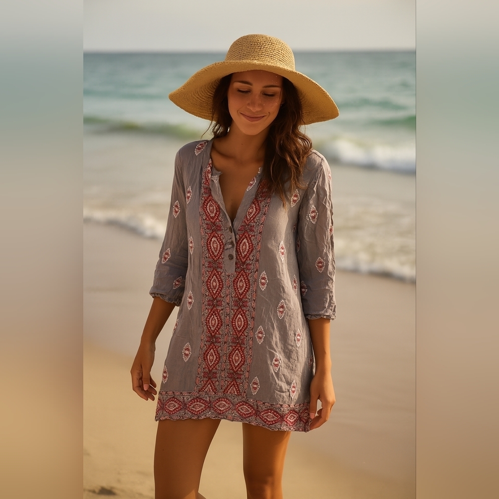 Raga Multi Color Button Vneck with 3/4 sleeve mini dress
